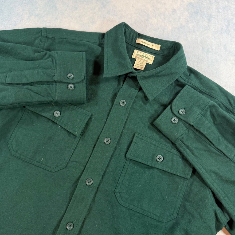 LL Bean Chamois Cloth Shirt Mens L Green Excellent Traditional Fit 187923